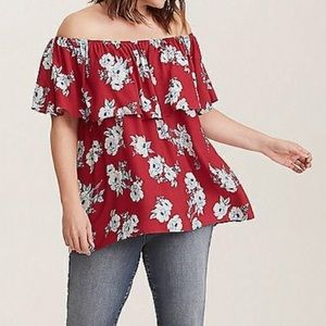 Torrid Magenta Pink Floral Crepe Ruffle Off Shoulder Top Size 1